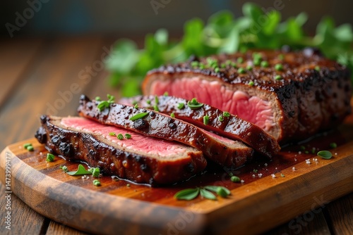 Obraz na płótnie Rustic Wooden Cutting Board with Medium-Rare Grilled Steak w salonie