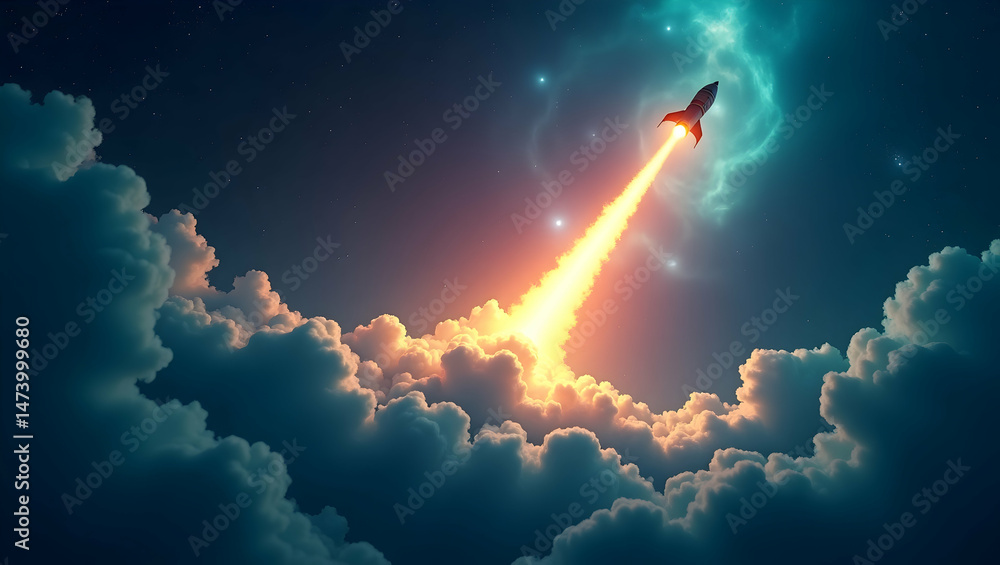 Fototapeta premium Soaring Ambitions, A Rocket Ascends Through Dreamlike Clouds Towards the Stars, Symbolizing Innovation, Technology, and the Limitless Pursuit of Space Exploration