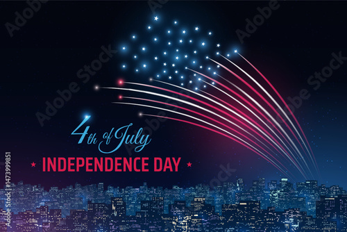 4th of july usa independence day. US flag fireworks over cityscape. Happy fourth of july, independence day. American national holiday. Colorful fireworks on dark sky background. Greeting card. Vector