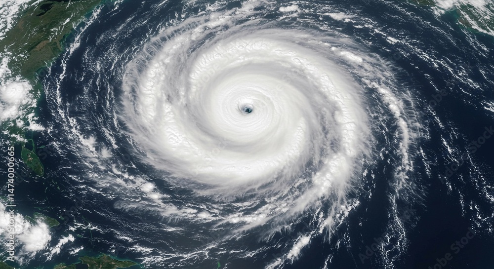 Aerial view of powerful hurricane swirling over the ocean Aerial view of powerful hurricane swirling over the ocean