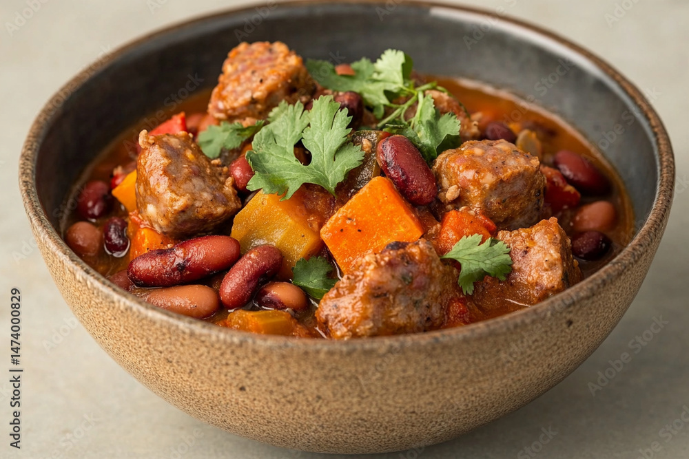 Hearty sausage and bean stew with fresh vegetables in a rustic bowl Hearty sausage and bean stew with fresh vegetables in a rustic bowl