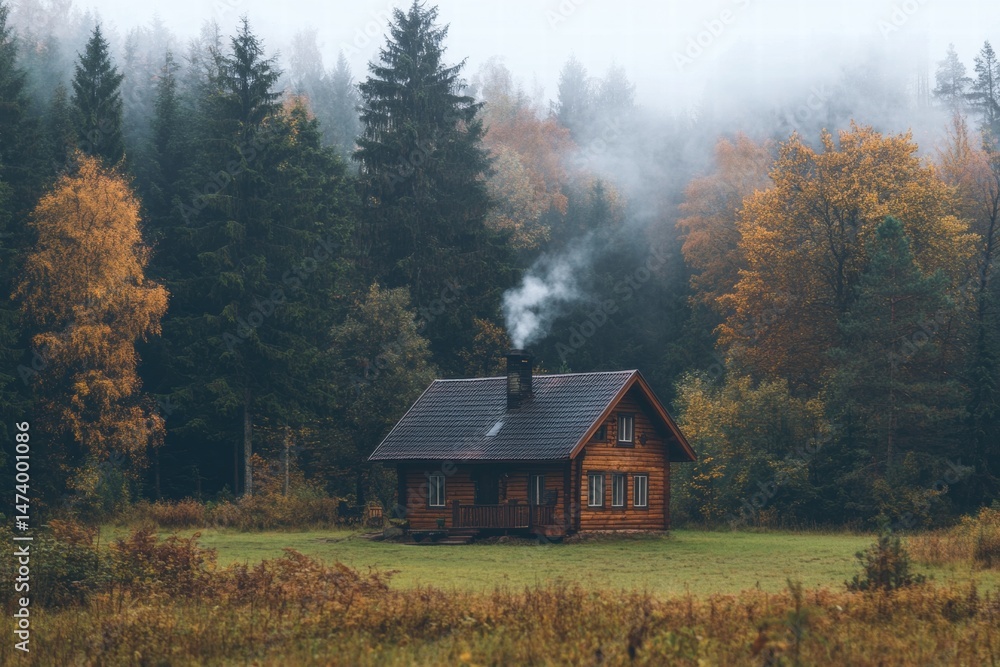 Cabin near pine trees in fall with foggy atmosphere Cabin near pine trees in fall with foggy atmosphere