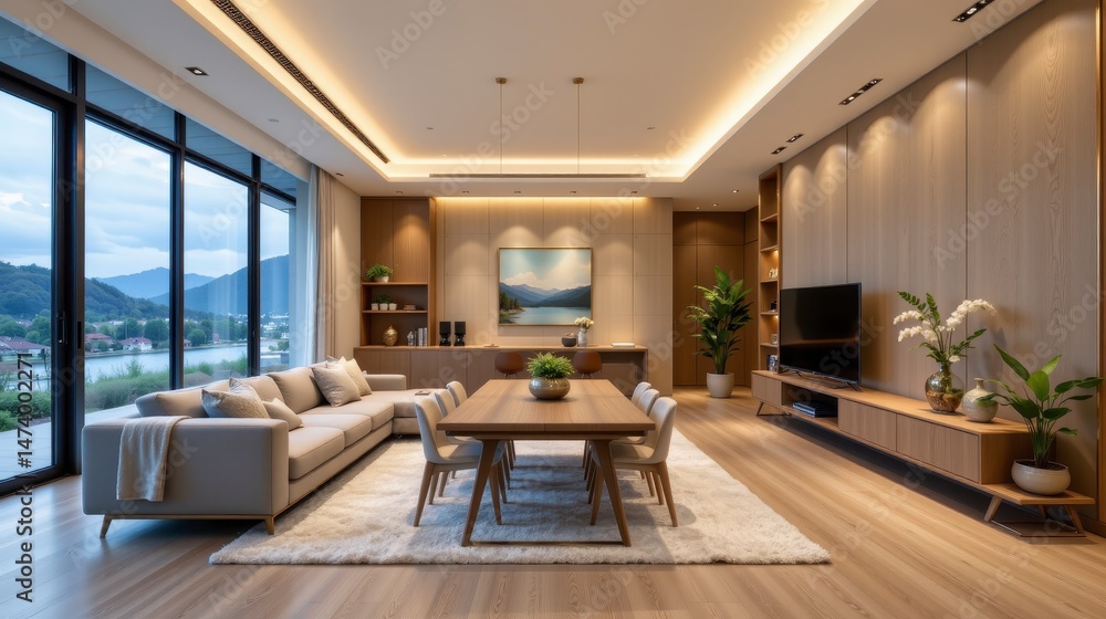 Modern and Elegant Living Room Design with Large Windows Overlooking Scenic Mountain View and Stylish Furniture Modern and Elegant Living Room Design with Large Windows Overlooking Scenic Mountain View and Stylish Furniture