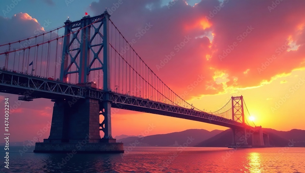 Fototapeta premium Majestic bridge tower against a vibrant sunset sky Steel structure, architectural detail, urban landscape , tower, perspective, construction