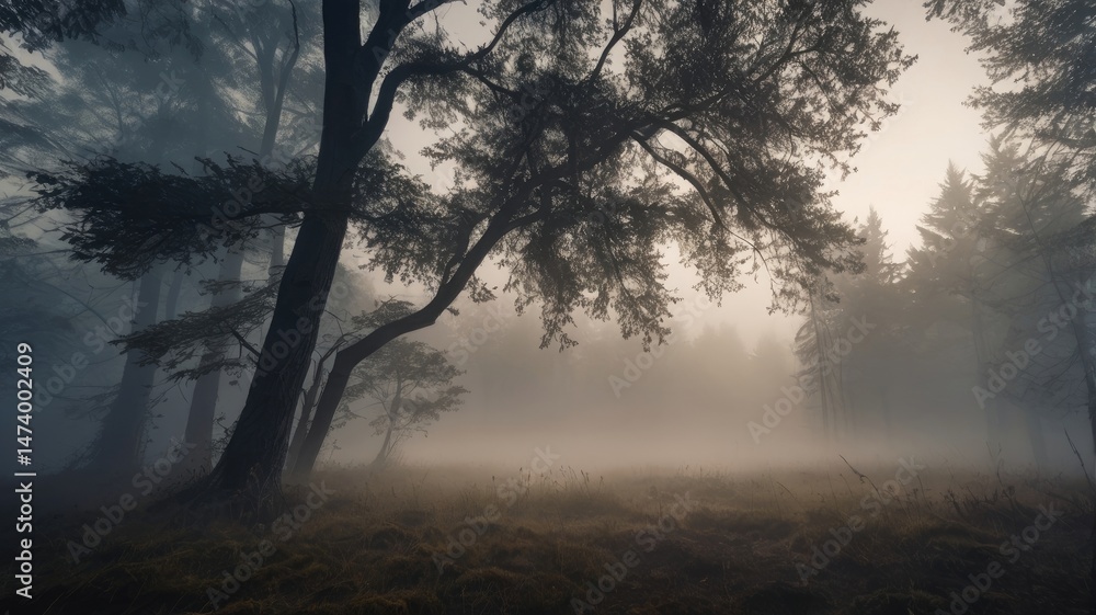 Fototapeta premium Misty Forest with Trees in Fog on a Foggy Morning