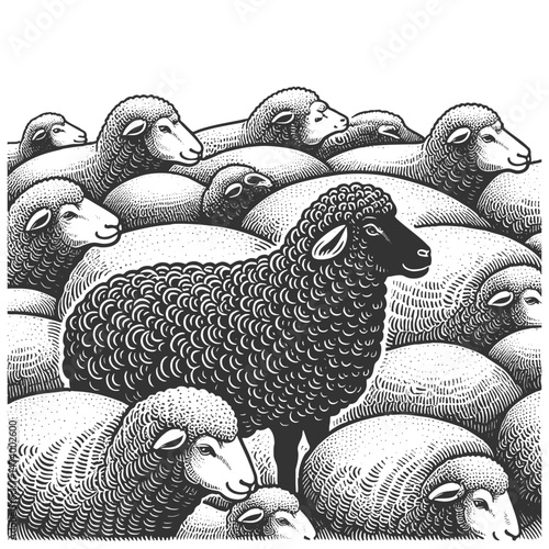 single black sheep among white sheep, symbolizing the black sheep metaphor for exclusion and individuality sketch engraving generative ai vector illustration. Scratch board. Black and white image.
