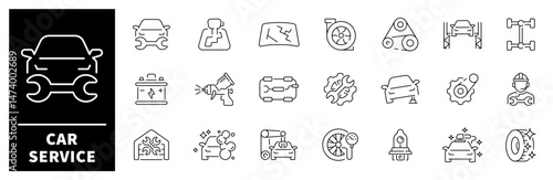 Car service vector icons. Auto service, car repair icon set. Car service and garage. Car service, garage, repair, station, vehicle, service related thin line icon collection. Editable stroke