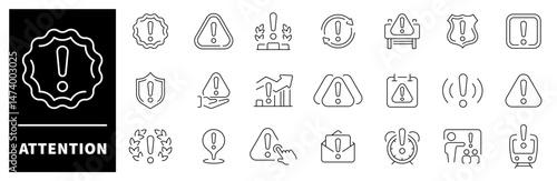 Attention vector icons. Attention thin line icons collection. Warning, attention, caution, exclamation sign thin line icon collection. Editable stroke