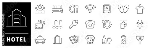 Hotel vector icons. Hotel icons collection. Hostel, apartment, reception, hotel maid, hotel related thin line icon collection. Editable stroke