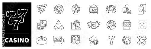 Casino vector icon set. Gambling icons. Casino, poker, gamble games, gambling, dice, playing cards, slot thin line icon collection. Editable stroke