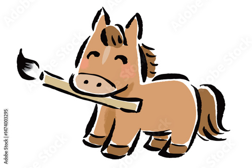 筆を口にくわえた干支の馬（午）