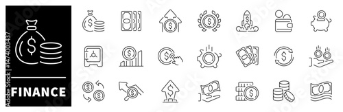 Finance banking outline money vector icon set. Financial and banking icons