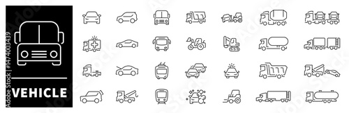 Vehicle transportation outline vector icon set. Cars and public transport icons