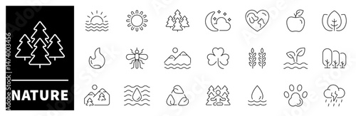 Nature vector outline icon set. Wildlife and natural elements icons