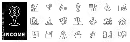 Income vector icons. Income icon set. Money, earnings, payment, accounting, paycheck, profit, business related icons. Editable stroke, thin line icons set