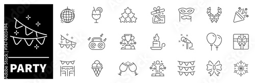Party celebration vector outline icon set. Festive event symbols
