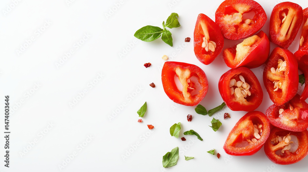 Fototapeta premium Fresh red bell peppers sliced with seeds and green basil leaves scattered on white background, creating vibrant and appetizing display