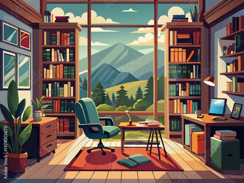 vector of Cozy home office library. Large window offers view of scenic hills, trees. Rustic wooden bookshelves with books. Comfortable armchair in room. Ideal for virtual meeting backgrounds home ..