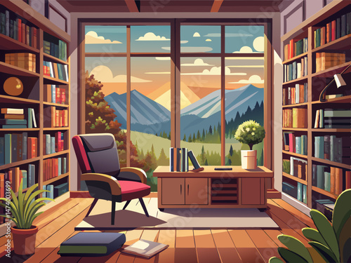 vector of Cozy home office library. Large window offers view of scenic hills, trees. Rustic wooden bookshelves with books. Comfortable armchair in room. Ideal for virtual meeting backgrounds home ..