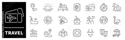 Travel vector icons. Travel icon set. Holiday, vacation, plane, passport, hotel, palm tree, travel, beach, travel related icons. Thin line editable stroke