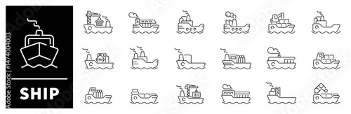 Ship vector icons. Ship icon set. Cruise ship, boat, cruise liner, ship related icons. Editable stroke, thin line icons set