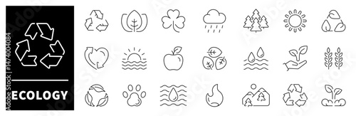 Ecology and environment care vector outline icon set. Nature protection and recycling icons