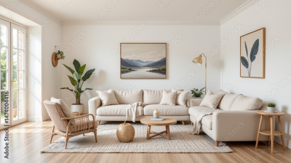 Fototapeta premium Cozy and Modern Living Room with Natural Light, Indoor Plants, and Warm Tones for Relaxation and Comfort