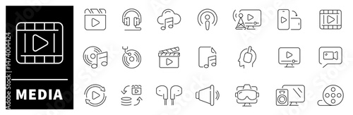 Media vector icons. Media thin line icons collection. Audio, video, movie, voice, radio, music, sound related icons