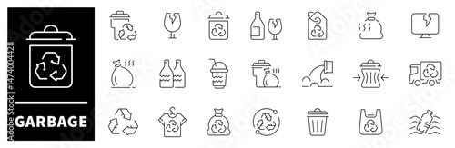 Garbage vector icons. Garbage thin line icons collection. Garbage, waste, trash, rubbish related icons