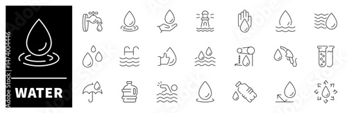 Water vector icons. Water thin line icons collection.  Water, Mineral Water, Water Bottle, drink, water drop related icons