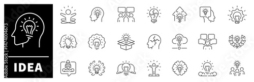Idea vector icons. Idea thin line icon collection. Light bulb, creativity, creative thinking, imagine, idea related icons