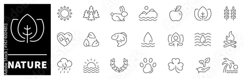 Nature vector icons. Nature thin line icon collection. Ecology, environment, sustainability, nature, recycle, renewable energy, eco-friendly related icons