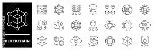 Blockchain vector icons. Blockchain thin line icons collection. Outline icons related to blockchain. Cyberspace, crypto, crypto currency, digital, transaction, Blockchain