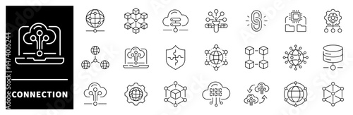 Connection vector icons. Connection thin line icons collection. Network, join, collaboration, connectivity, interaction, cable, integration, data, internet connection related icons