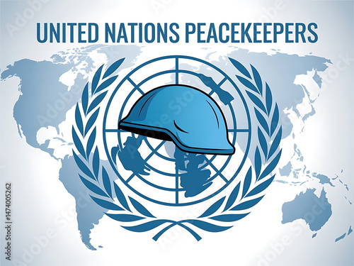 United nations peacekeepers symbol featuring helmet world map and emblem for global security and peacekeeping