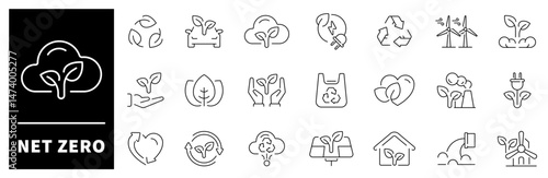 Net Zero vector icons. Net Zero thin line icons collection. Ecology, recycling, carbon absorbing, green energy, environment, esg, nature, net zero. Ecology related icons.