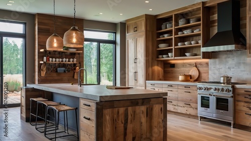 Modern interior design of kitchen with island in farmhouse. Interior kitchen design, modern rustic style, light wood cabinets.