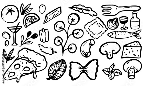 A drawing of italian food items including pizza, pasta, and vegetables vector illustration