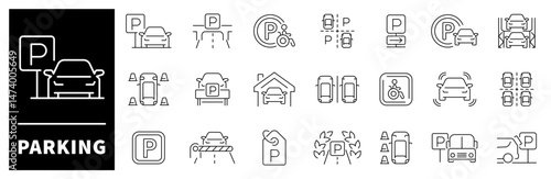 Car parking vector icons set. Car parking icons. Outline parking icons collection. Parking space signs. Parking area symbols.