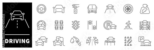 Car driving vector icons. Driving icon set. Street, highway, traffic light, signpost, directions, parking, route, GPS, drive, crosswalk, driving related icons. Driving concept outline icon set