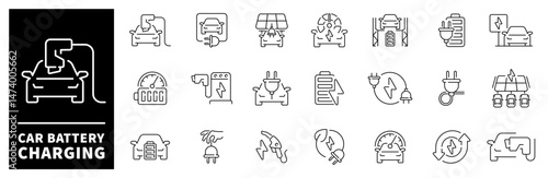 Car battery charging icons. Electric car charge vector icons. Electric vehicles, eco-friendly transportation, and renewable energy related icons. Car battery charge icon