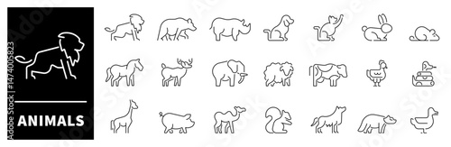 Animals vector icons. Animals icons set in line style. Set of outline icons related to animals. Linear icon collection. Cat, dog, bear, horse, elephant, cow, wolf, pig, sheep, chicken, rhino, lion