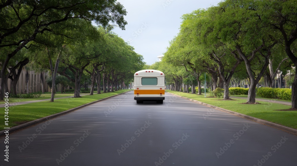 Obraz premium Shuttle parked under tree-lined university boulevard, Student shuttle