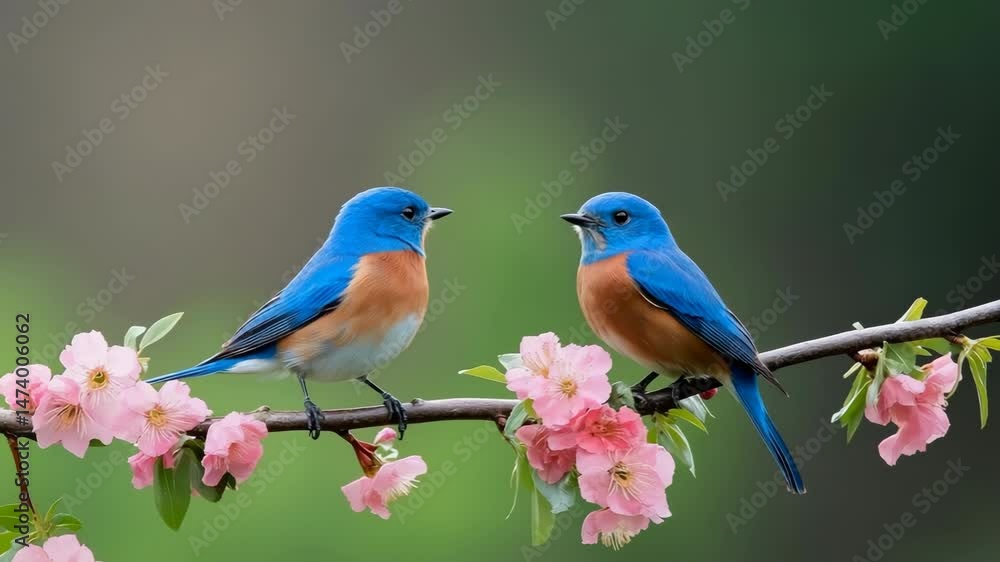 Two blue and orange birds are perched on a branch of a pink tree. The birds are looking at each other, and the scene is peaceful and serene Two blue and orange birds are perched on a branch of a pink tree. The birds are looking at each other, and the scene is peaceful and serene