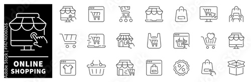 Online shopping vector icons set. Set of thin line icons related to online shopping.  E-Commerce, Shop, Online Shopping, store, customer, buy, order, purchase, shopping icons
