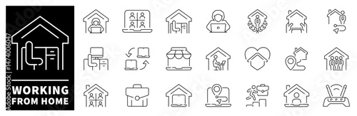 Working from home vector icons. Set of thin line icons related to working from home. Freelance and Work at Home Icons Set. Distant Work, Freelance, Online working, Work Online, Remote work icons.
