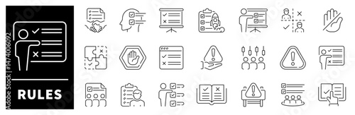 Rules vector icons. Set of thin line icons related to rules. Compliance, regulatory concept, law gavel, standards, requirements, legal terms and conditions, regulation, guidelines, rules icons