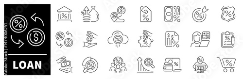 Loan vector icons. Thin line icons set related to loan. Income, salary, money, business, cash, finance, banking, savings, mortgage, loans