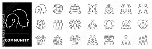 Community vector icons. Thin line icons set related to community and society. Family, human, team, community, friends, population symbols