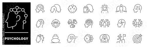 Psychology vector icons. Thin line icons set related to psychology and psychotherapy. Psychology and mental symbols